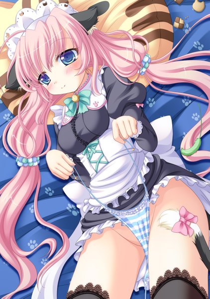 Anime picture 2425x3445 with furukawa lemon single tall image highres blue eyes light erotic animal ears pink hair tail maid cat girl pantyshot girl underwear panties sweets cake