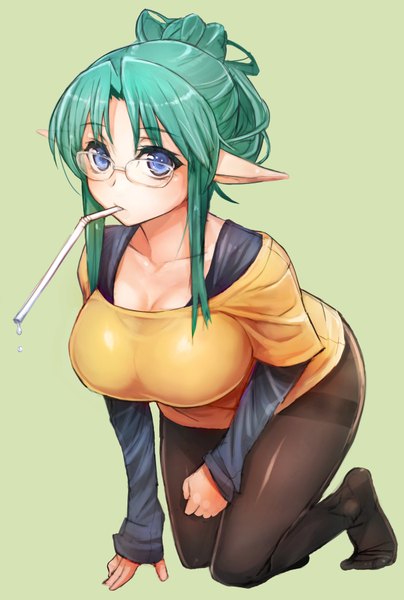 Anime picture 1212x1800 with original taishi (picchiridou) single long hair tall image looking at viewer breasts blue eyes light erotic simple background large breasts green hair elf girl pantyhose glasses