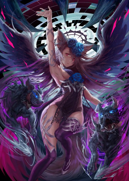 Anime picture 1648x2322 with original okuma mai single tall image looking at viewer fringe breasts light erotic red eyes animal ears purple hair bent knee (knees) very long hair arm up hair over one eye tattoo sideboob gradient hair black wings girl