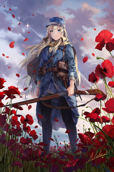 Anime-Bild 867x1300 mit battlefield battlefield 1 neko (yanshoujie) single long hair tall image fringe blue eyes blonde hair standing holding payot looking away sky cloud (clouds) outdoors mole from below mole under mouth twisty sleeves