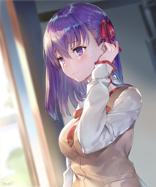 Anime-Bild 800x960 mit fate (series) fate/stay night matou sakura momoko (momopoco) single long hair tall image blush fringe breasts hair between eyes purple eyes signed looking away purple hair upper body indoors long sleeves arm up blurry