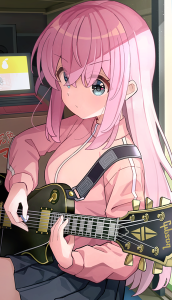 Anime picture 1500x2615 with bocchi the rock! cloverworks gotou hitori nomio single long hair tall image fringe blue eyes hair between eyes pink hair indoors serious playing instrument girl musical instrument guitar electric guitar laptop plectrum