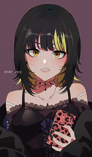 Anime picture 870x1480 with idolmaster idolmaster shiny colors ikaruga luca sake dong single tall image looking at viewer short hair black hair simple background signed yellow eyes upper body nail polish parted lips multicolored hair two-tone hair teeth streaked hair twitter username