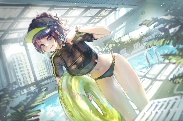 Anime picture 1335x884 with idolmaster idolmaster shiny colors tanaka mamimi roki (0214278) single looking at viewer blush fringe short hair breasts blue eyes light erotic standing holding purple hair ponytail indoors short sleeves leaning dutch angle