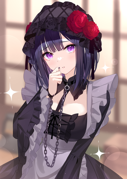 Anime picture 2149x3035 with sono bisque doll wa koi wo suru cloverworks kitagawa marin kuroe shizuku black fire (peter02713) single tall image looking at viewer highres short hair purple eyes purple hair upper body head tilt sparkle lens flare cosplay hand to mouth girl chain