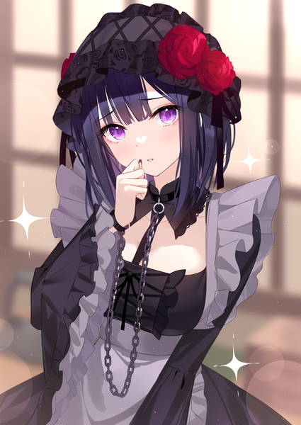 Anime-Bild 2149x3035 mit sono bisque doll wa koi wo suru cloverworks kitagawa marin kuroe shizuku black fire (peter02713) single tall image looking at viewer highres short hair purple eyes purple hair upper body head tilt sparkle lens flare cosplay hand to mouth girl chain