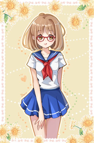 Anime picture 1010x1527 with original dorris single tall image blush short hair blonde hair smile brown eyes signed framed :q girl flower (flowers) glasses serafuku