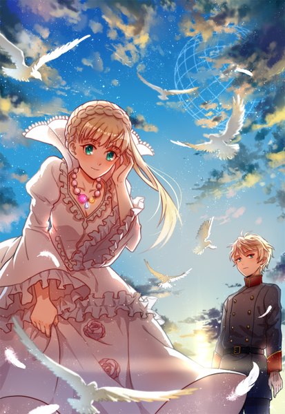 Anime picture 1016x1476 with aldnoah.zero a-1 pictures slaine troyard asseylum vers allusia majiang long hair tall image looking at viewer blush fringe short hair blonde hair smile sky cloud (clouds) aqua eyes girl dress boy animal