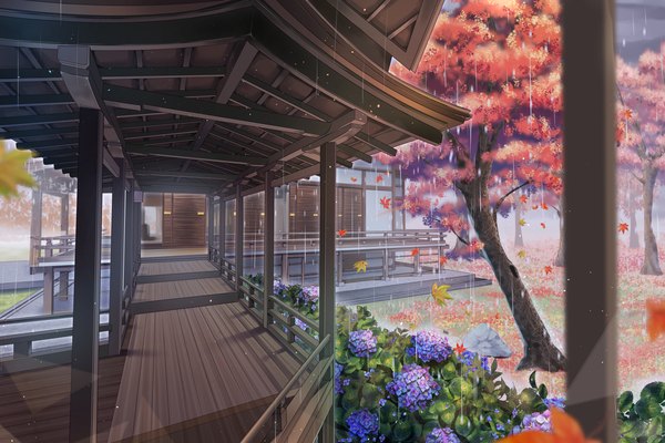 Anime picture 3508x2339 with original ye zi you bei jiao ju ge highres absurdres depth of field rain no people scenic architecture east asian architecture flower (flowers) plant (plants) tree (trees) leaf (leaves) autumn leaves hydrangea garden