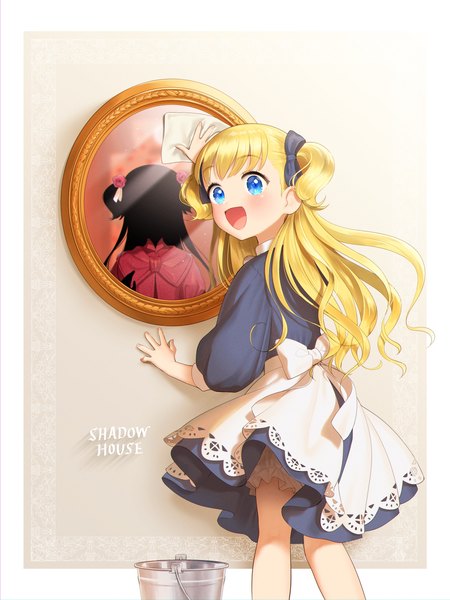 Anime picture 1500x2000 with shadows house cloverworks emilico (shadows house) kate (shadows house) o4ritarou single long hair tall image open mouth blue eyes blonde hair looking away :d maid two side up copyright name border reflection outside border different reflection