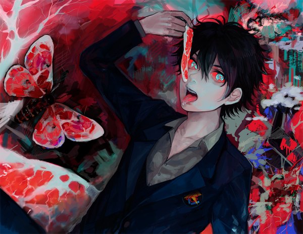 Anime picture 1200x927 with prince of tennis tagme (character) kusari n ba (kigou) short hair open mouth black hair eating multicolored eyes boy shirt jacket tongue insect butterfly vest