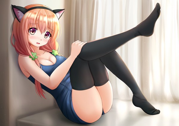 Anime picture 1698x1200 with hinako note sakuragi hinako kazenokaze single long hair looking at viewer blush breasts open mouth light erotic sitting twintails animal ears cleavage cat ears orange hair orange eyes embarrassed no shoes low twintails