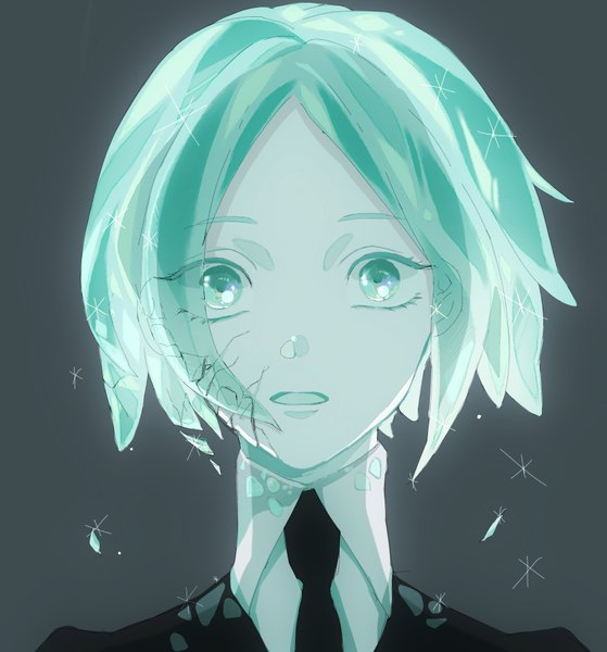 Anime picture 1694x1821 with houseki no kuni phosphophyllite hana (kyonkyon999) single tall image looking at viewer short hair open mouth simple background aqua eyes aqua hair grey background sparkle portrait androgynous crack necktie