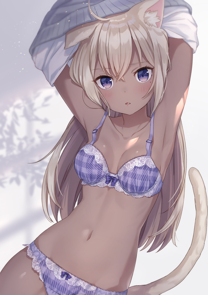 Anime picture 1736x2456 with original jimmy madomagi single long hair tall image looking at viewer blush fringe highres breasts open mouth light erotic blonde hair hair between eyes purple eyes animal ears upper body ahoge tail animal tail