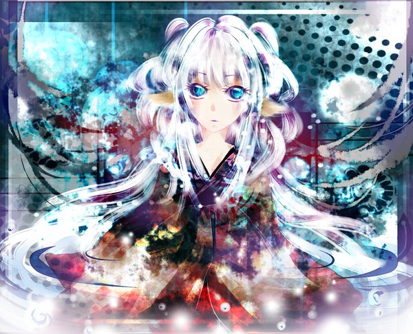 Anime picture 1500x1213 with original tyouya single blue eyes very long hair japanese clothes multicolored hair girl kimono