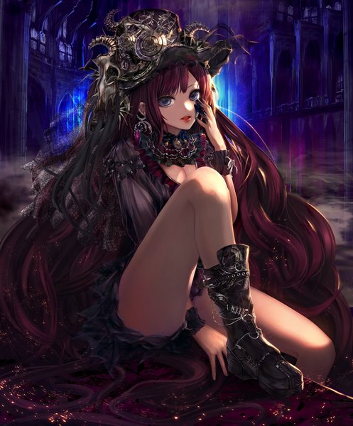 Anime picture 936x1130 with original jname single tall image looking at viewer blue eyes sitting red hair very long hair hand on face girl dress hat earrings boots jewelry skull