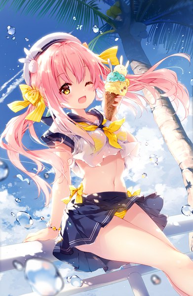 Anime picture 551x845 with original mochizuki shiina single long hair tall image looking at viewer blush fringe open mouth light erotic standing twintails holding yellow eyes payot pink hair sky cloud (clouds) outdoors pleated skirt