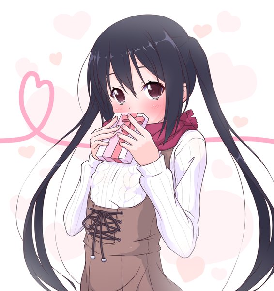 Anime picture 850x900 with k-on! kyoto animation nakano azusa k10k single long hair tall image looking at viewer blush fringe black hair simple background white background twintails brown eyes embarrassed covering valentine heart of string girl