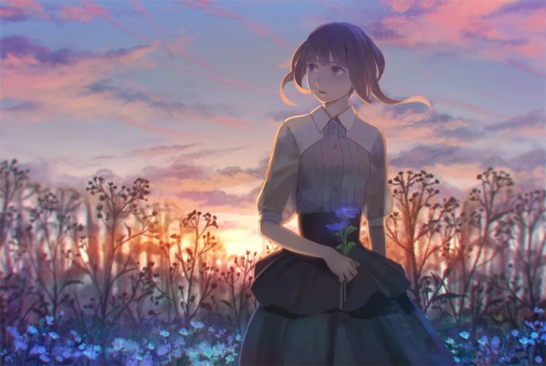 Anime picture 1000x670 with original hiko (scape) single fringe short hair open mouth brown hair holding brown eyes looking away sky cloud (clouds) wind short sleeves evening sunset girl skirt plant (plants) shirt