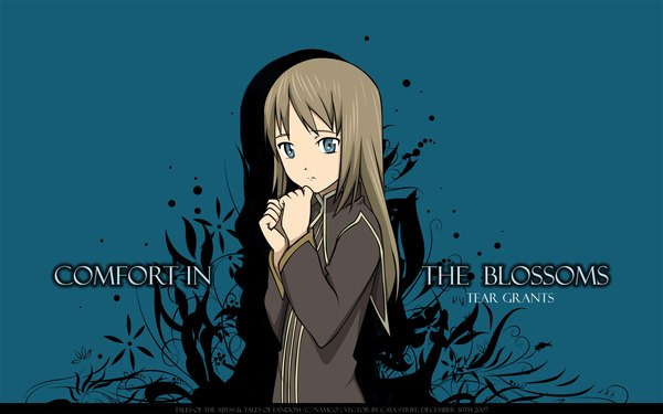Anime picture 1920x1200 with tales of (series) tales of the abyss tear grants single long hair looking at viewer highres blue eyes blonde hair wide image signed inscription copyright name dated blue background vector hands clasped girl child (children)