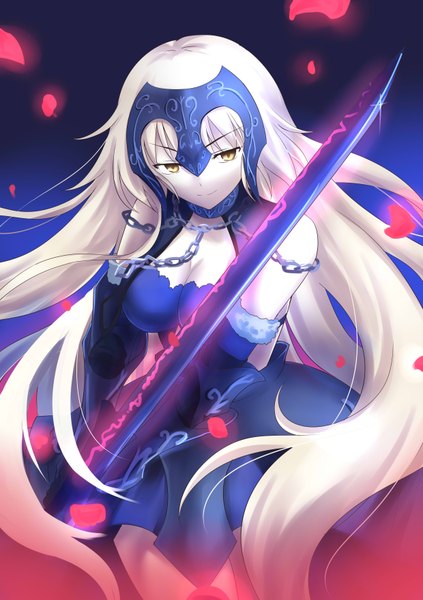 Anime picture 2480x3518 with fate (series) fate/grand order jeanne d'arc (fate) (all) jeanne d'arc alter (fate) jeanne d'arc alter (avenger) (third ascension) (fate) gogatsu fukuin single tall image looking at viewer fringe highres breasts simple background blonde hair smile large breasts bare shoulders holding yellow eyes payot