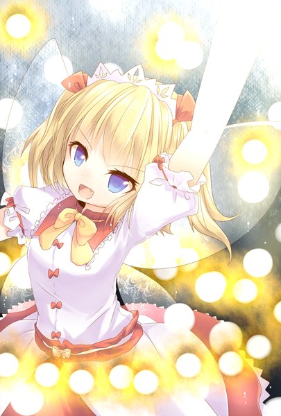Anime picture 1181x1748 with touhou sunny milk koza (artist) single tall image short hair open mouth blue eyes blonde hair teeth fang (fangs) danmaku girl dress bow hair bow wings frills