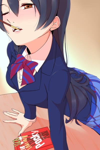 Anime picture 533x800 with love live! school idol project sunrise (studio) love live! sonoda umi egooo single long hair tall image blush fringe light erotic black hair holding brown eyes one eye closed wink leaning leaning forward mouth hold arched back