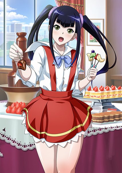 Anime picture 600x847 with ikkitousen saji genpou (true) single long hair tall image looking at viewer blush open mouth black hair twintails green eyes girl dress food sweets cake