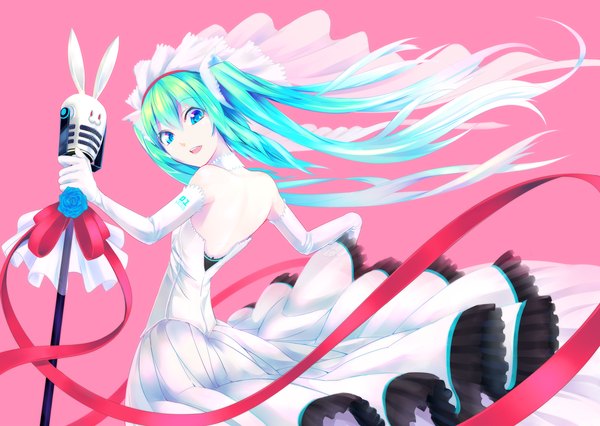 Anime picture 1457x1035 with vocaloid hatsune miku sira-kura single open mouth twintails very long hair aqua eyes aqua hair pink background girl dress gloves flower (flowers) ribbon (ribbons) elbow gloves white dress microphone stand