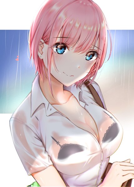 Anime picture 1463x2048 with go-toubun no hanayome nakano ichika uiri-na single tall image looking at viewer blush fringe short hair breasts blue eyes light erotic simple background smile hair between eyes white background pink hair cleavage upper body rain