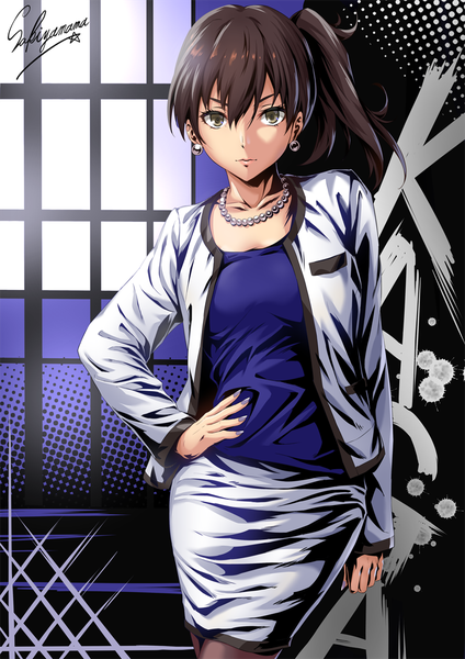 Anime picture 800x1131 with kantai collection kaga aircraft carrier sakiyamama single tall image looking at viewer fringe short hair breasts hair between eyes brown hair standing brown eyes signed upper body nail polish open jacket alternate costume hand on hip side ponytail