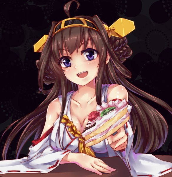 Anime picture 1968x2018 with kantai collection kongou battleship dedeyong single long hair tall image blush highres open mouth brown hair purple eyes bare shoulders ahoge nontraditional miko girl hair ornament detached sleeves sweets cake