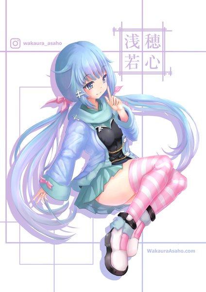 Anime picture 827x1170 with original wakaura asaho single long hair tall image looking at viewer blue eyes smile white background twintails signed blue hair long sleeves shadow low twintails logo girl thighhighs skirt ribbon (ribbons)