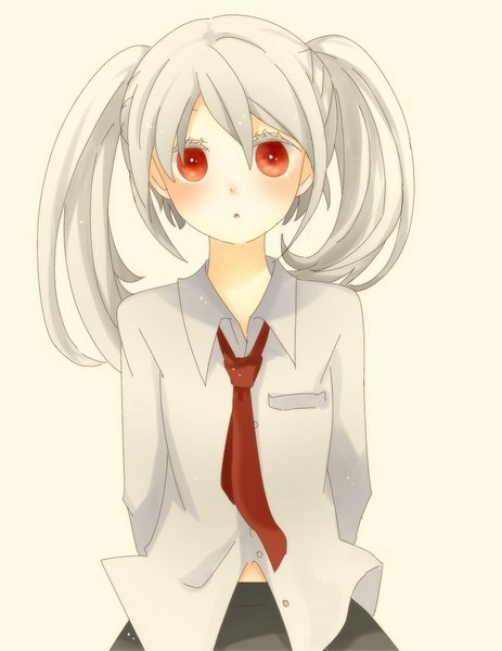 Anime picture 788x1020 with .flow kaibutsu unkoman single long hair tall image looking at viewer blush fringe simple background red eyes twintails white hair head tilt hands behind back open collar albino girl skirt uniform
