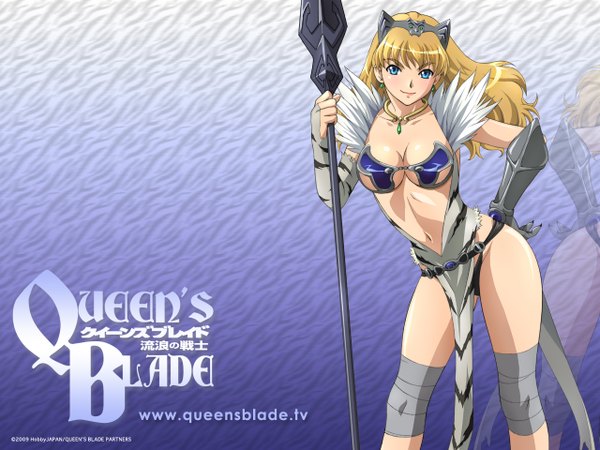 Anime picture 1280x960 with queen's blade elina single long hair breasts blue eyes light erotic blonde hair cleavage official art midriff wallpaper animal print tiger print 2009 navel earrings belt headdress armor