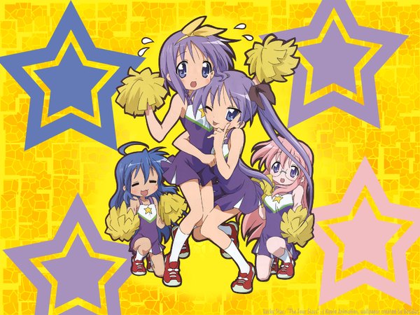Anime picture 1600x1200 with lucky star kyoto animation izumi konata hiiragi kagami hiiragi tsukasa takara miyuki cheerleader girl star (symbol)