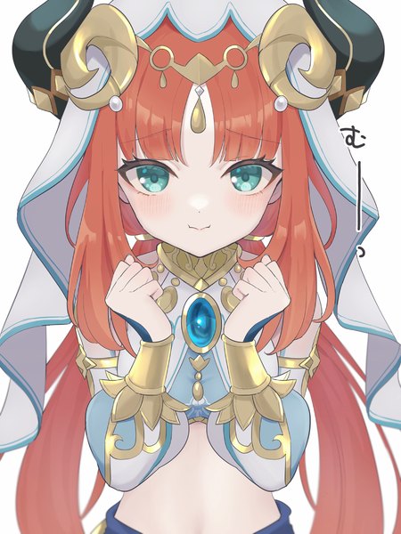 Anime picture 1800x2400 with genshin impact nilou (genshin impact) ura (hamburg oniku) single long hair tall image looking at viewer highres simple background white background upper body red hair horn (horns) aqua eyes cute girl detached sleeves veil