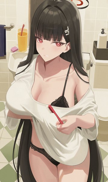 Anime-Bild 3287x5509 mit blue archive rio (blue archive) re-leaf single tall image looking at viewer fringe highres breasts light erotic black hair red eyes large breasts standing holding absurdres indoors very long hair off shoulder alternate costume