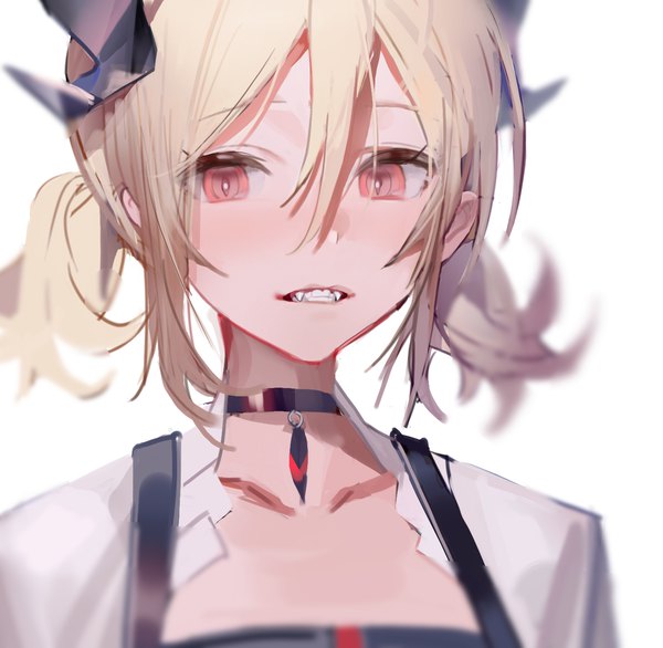 Anime-Bild 1382x1349 mit arknights ifrit (arknights) you zhaqi single looking at viewer fringe short hair simple background blonde hair hair between eyes red eyes white background twintails upper body fang (fangs) short twintails clenched teeth girl choker