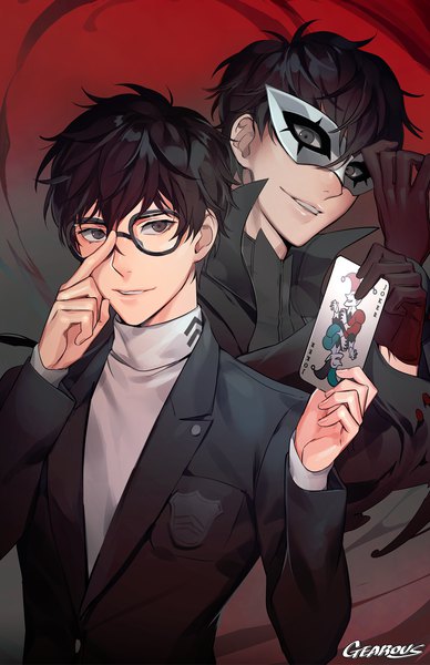 Anime picture 950x1468 with persona 5 persona amamiya ren gearous tall image looking at viewer fringe short hair black hair smile hair between eyes holding signed upper body grey background grey eyes gradient background dual persona adjusting glasses boy