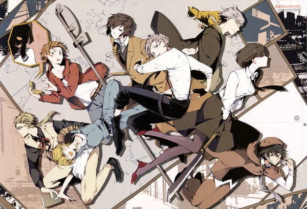 Anime picture 5995x4085 with bungou stray dogs studio bones dazai osamu (bungou stray dogs) nakajima atsushi edogawa ranpo (bungou stray dogs) yosano akiko kunikida doppo tanizaki junichirou (bungou stray dogs) miyazawa kenji 35 (artist) long hair looking at viewer fringe highres short hair breasts open mouth black hair blonde hair smile