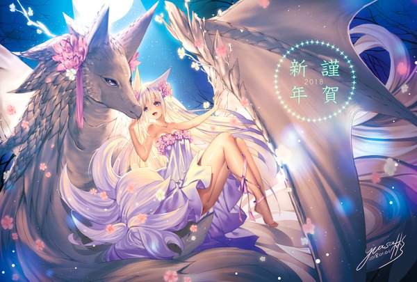Anime picture 1748x1181 with original yuasa akira single blush fringe highres breasts open mouth purple eyes bare shoulders signed looking away cleavage silver hair full body very long hair :d barefoot hair flower night