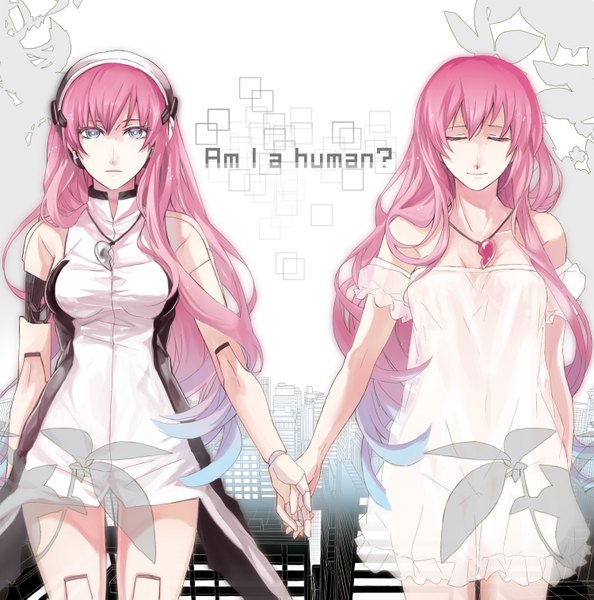 Anime picture 1500x1517 with vocaloid megurine luka rahwia long hair tall image blue eyes light erotic pink hair eyes closed holding hands dual persona girl headphones pendant sundress