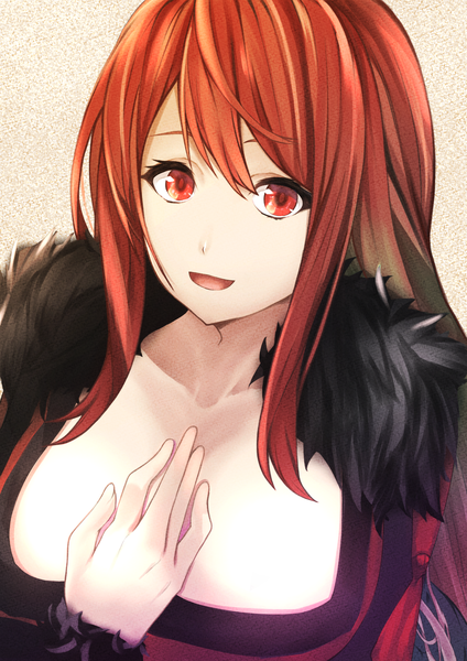 Anime picture 1450x2050 with maoyuu maou yuusha arms corporation maou (maoyuu) shun'en (homura0620alicia) single long hair tall image looking at viewer fringe breasts open mouth light erotic simple background smile hair between eyes red eyes large breasts payot cleavage upper body