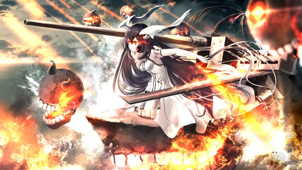Anime picture 1600x900 with kantai collection anchorage oni kouji (astral reverie) single fringe black hair wide image standing very long hair profile orange eyes leaning leaning forward glowing hands behind back glowing eye (eyes) serious shinkaisei-kan >:( shot