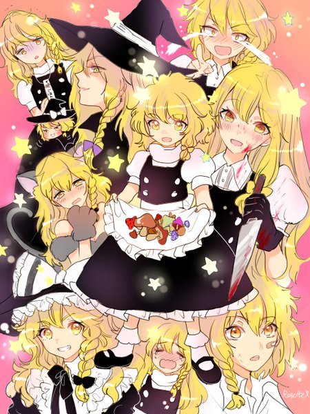 Anime picture 960x1280 with touhou kirisame marisa rosette (roze-ko) long hair tall image blush fringe short hair open mouth blonde hair smile holding animal ears yellow eyes tail braid (braids) animal tail profile cat ears cat tail