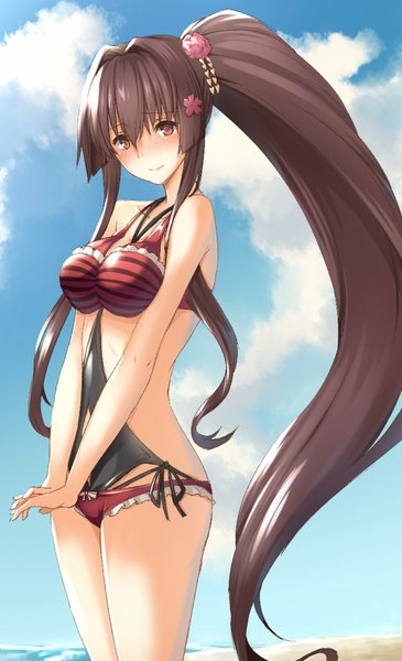 Anime picture 724x1189 with kantai collection yamato super battleship oukawa yuu single tall image looking at viewer blush fringe breasts light erotic brown hair standing brown eyes sky cloud (clouds) very long hair embarrassed horizon girl hair ornament