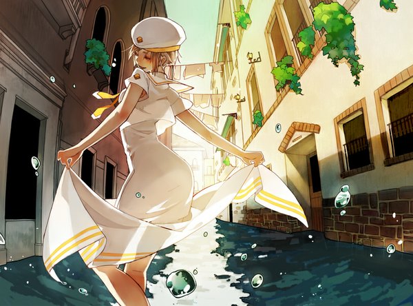 Anime picture 810x600 with aria athena glory mmlu (honwa karesu) single blush short hair looking away sky silver hair partially submerged spread arms river dancing girl uniform plant (plants) water building (buildings) beret water drop
