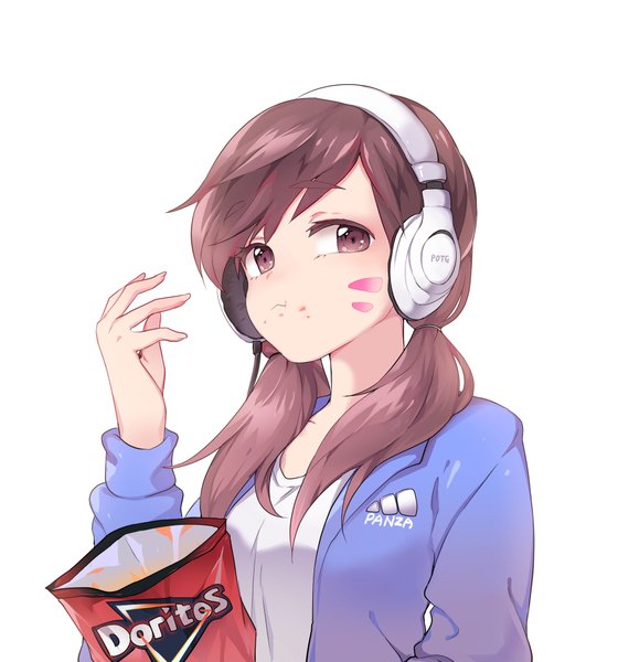 Anime picture 1913x2048 with overwatch blizzard entertainment doritos d.va (overwatch) panza single long hair tall image fringe highres simple background brown hair white background twintails holding brown eyes signed looking away upper body arm up