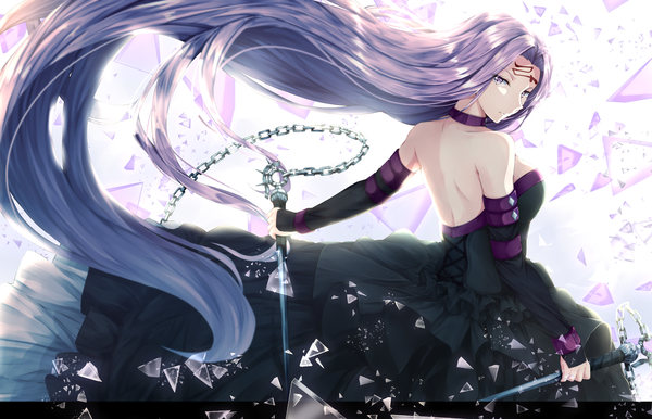 Anime picture 1998x1286 with fate (series) fate/stay night rider hiiragi yashiro single looking at viewer highres purple eyes bare shoulders purple hair very long hair forehead mark girl dress weapon detached sleeves black dress chain